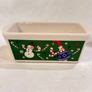 Old Time Pottery Christmas Mini Loaf Pan Green Snowmen Candy Canes Holiday‎ Dish